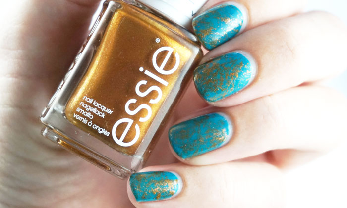 Nails with saran wrap nail art in turquoise and bronze