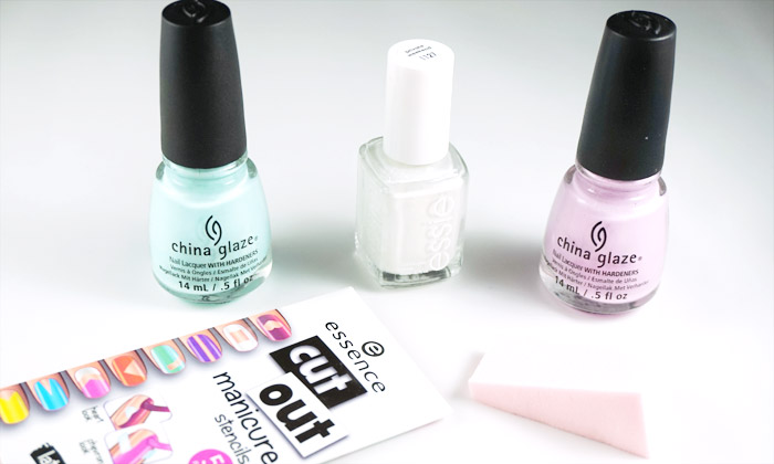 pictures of the Essie cut out nail stencils, a make up sponge, Essie private weekend, China glaze in a lily bit and at vase value