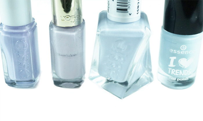 comparison of pale blues from left to righ: Essie virgin snow, L'Oreal Gourmandise, Essie Perfect Posture, Essence Winter Wonderland