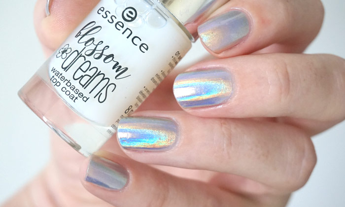 swatches of Essence waterbased top coat combined with Dance legend mirage powder